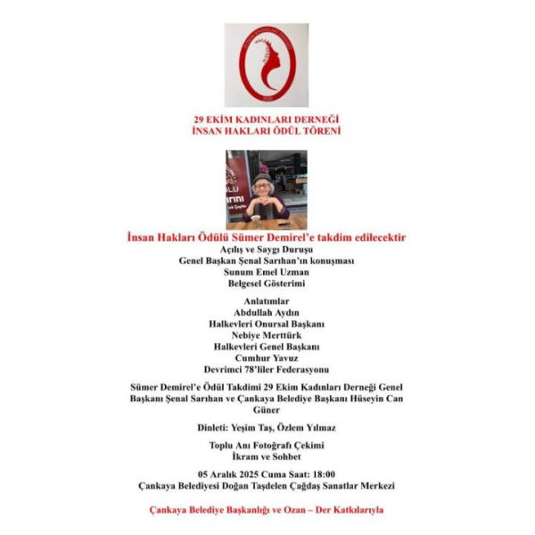 Sümer Demirel’e İnsan Hakları Onur Ödülü Takdim Edilecek